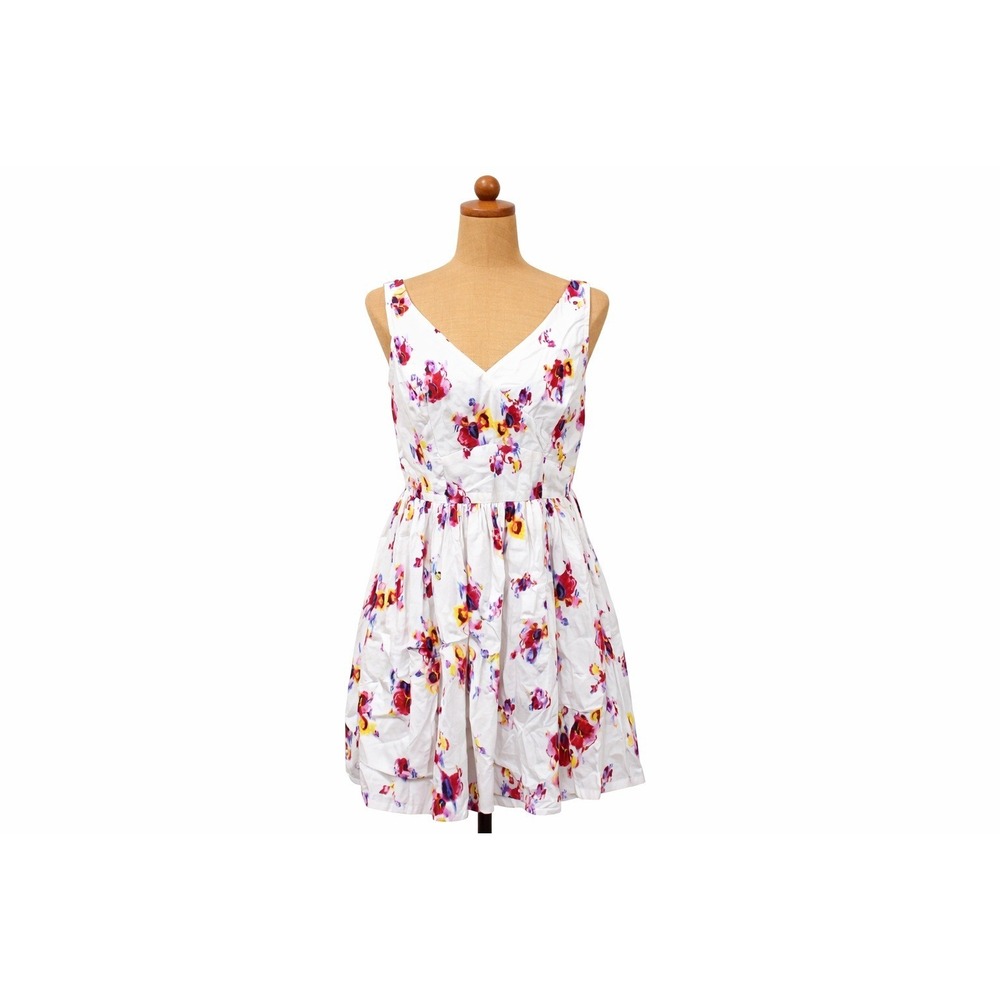 NWT Floral Fit Flare Dress V Neck Sleeveless Mini Women 4 White Bubble Hem